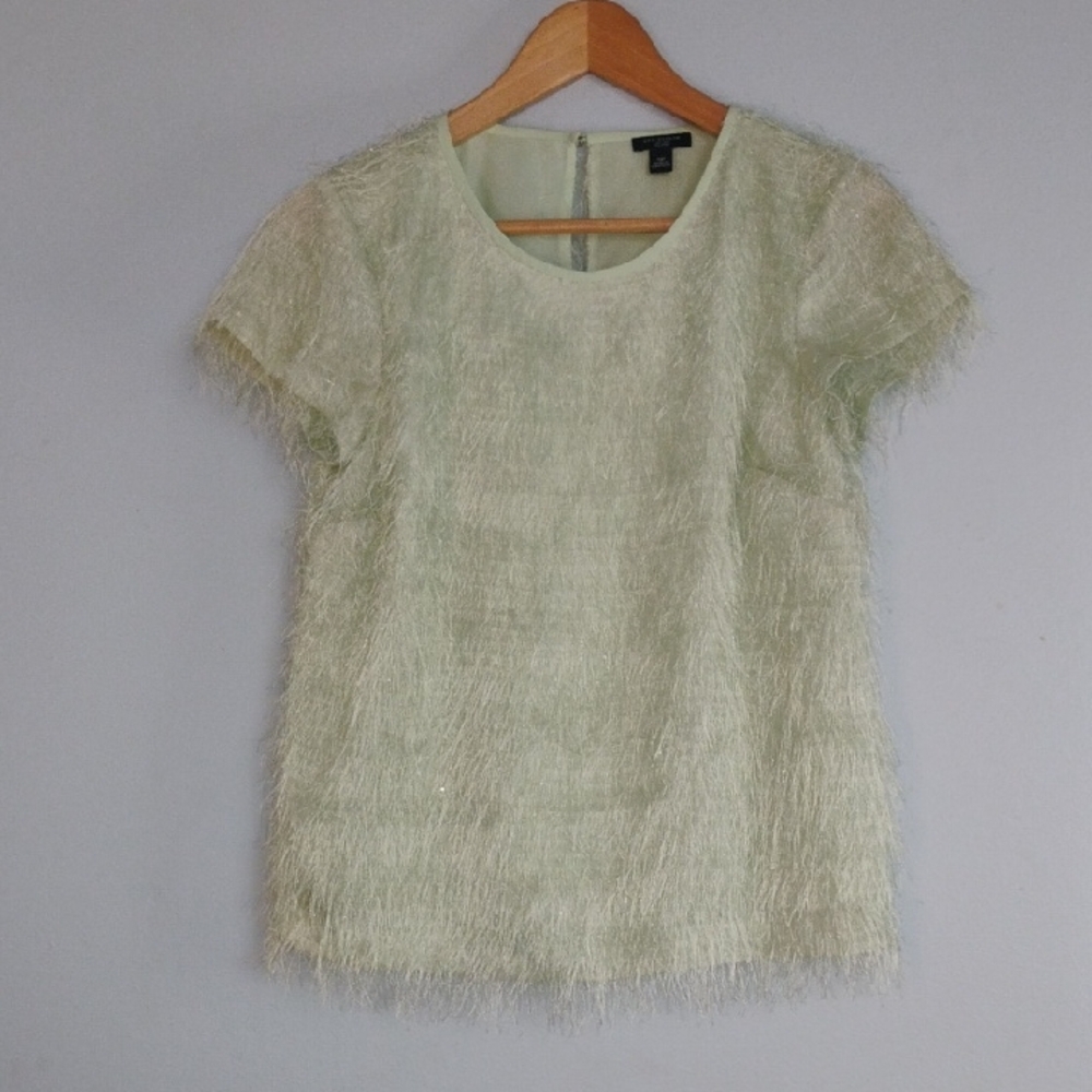 Ann Taylor Light Green Boxy Shinny Embellished Fringe Top Blouse Size 2P